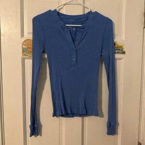Aerie Blue Button-Up Ribbed Long Sleeve Top